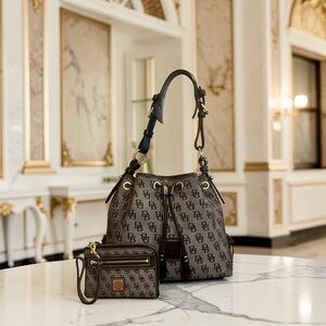 Dooney & Bourke Black Monogram Drawstring Bucket & Matching Wristlet Set